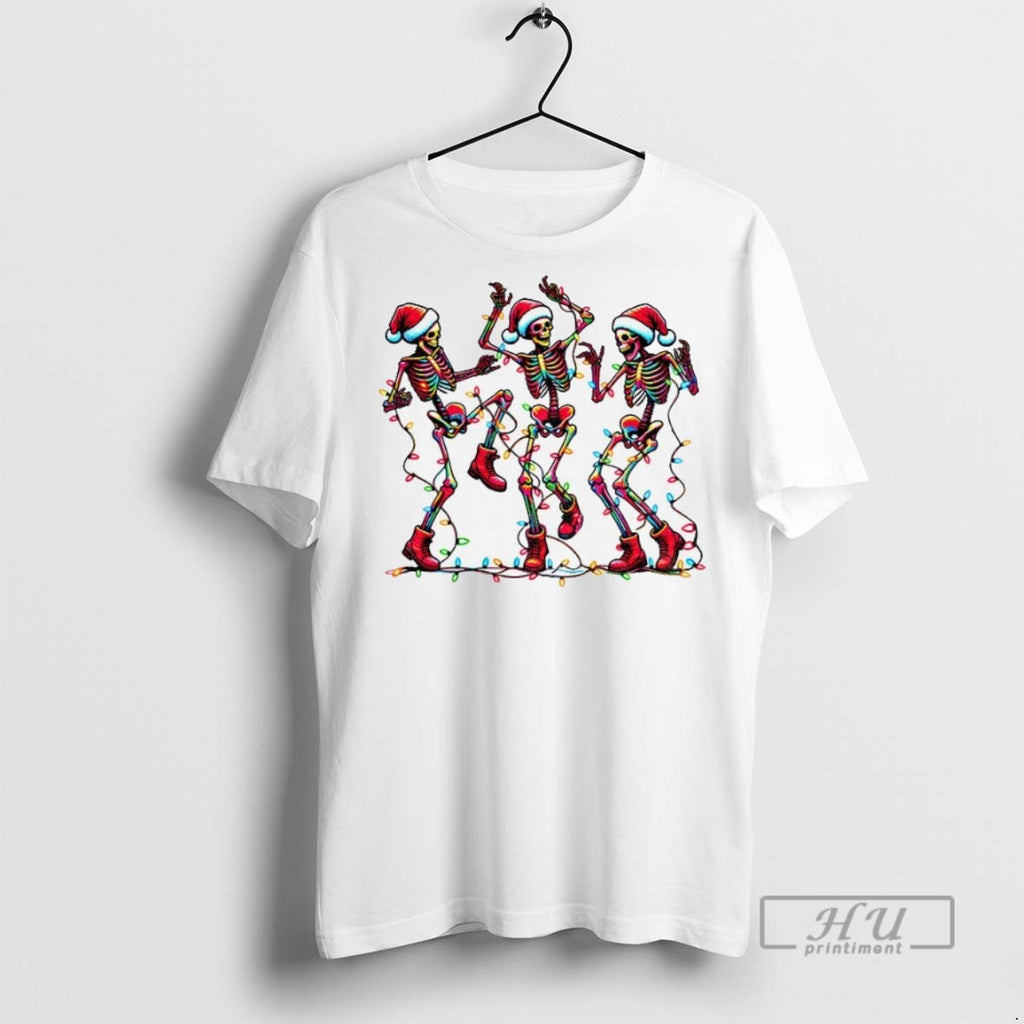 New Dancing Skeleton Santa Hat Merry Christmas 2025 Tee Shirts Sweatshirt Hoodies