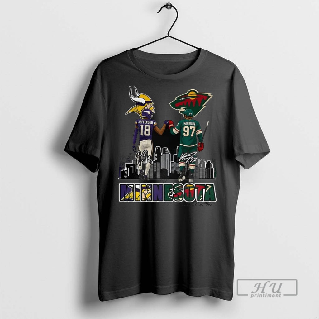 New Justin Jefferson Minnesota Vikings Touch Hand Kirill Kaprizov Minnesota Wild Graphic Tee Shirt