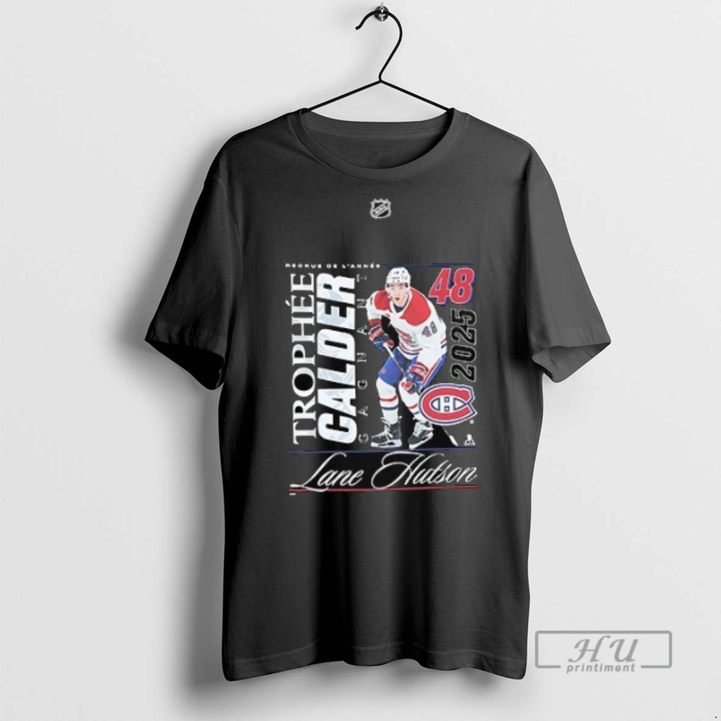 New Montreal Canadiens Lane Hutson 2025 Calder Trophy Winner Graphic Double Sided Tee Shirts