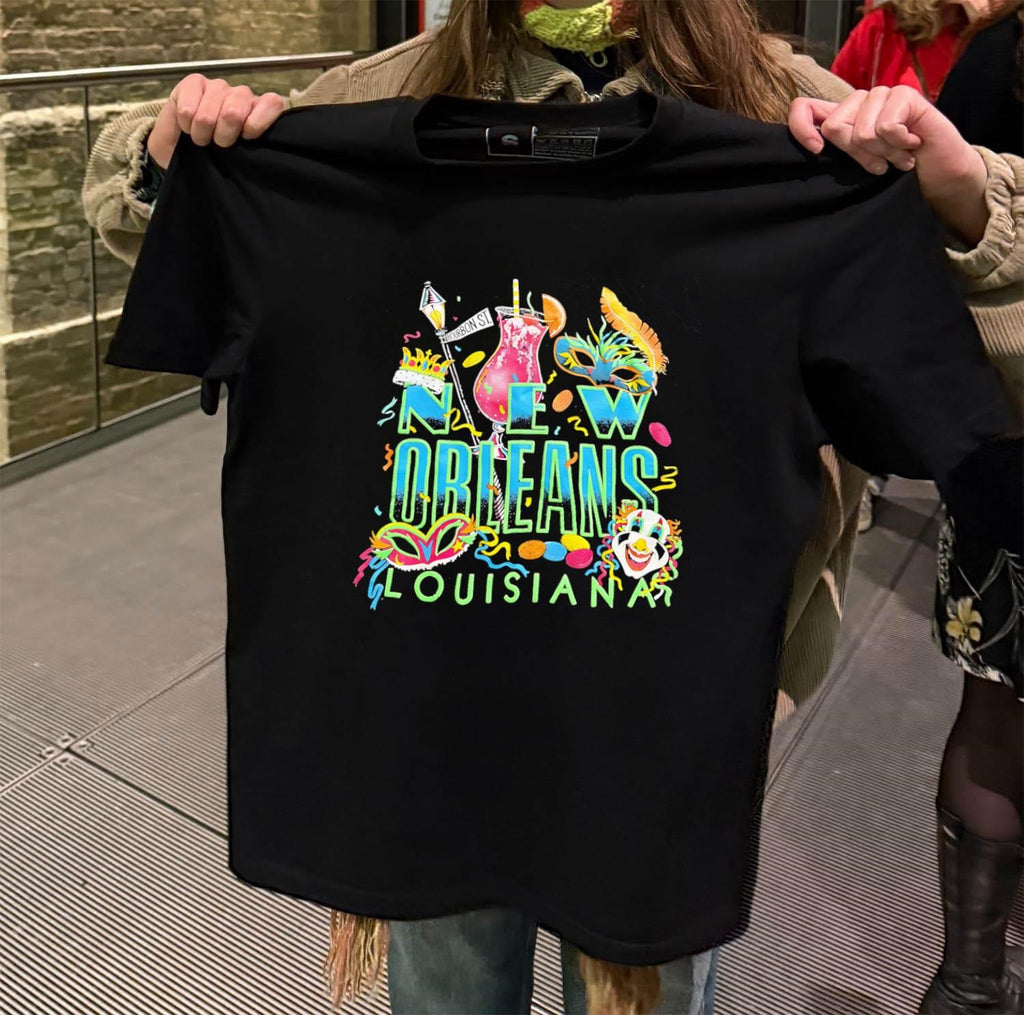New Orleans Louisiana Bourbon St masks and drink shirt