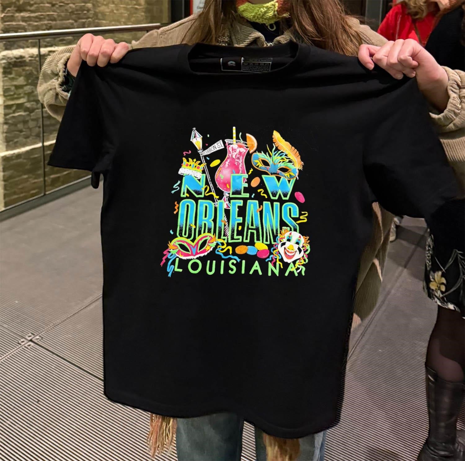 New Orleans Louisiana Bourbon St masks and drink shirt