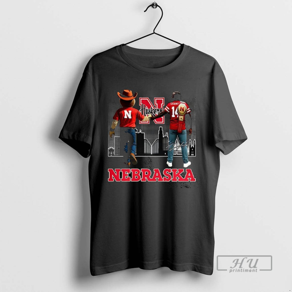 New Terence Crawford And Herbie Husker Nebraska Cornhuskers Football Skyline Signature Graphic Tee Shirt