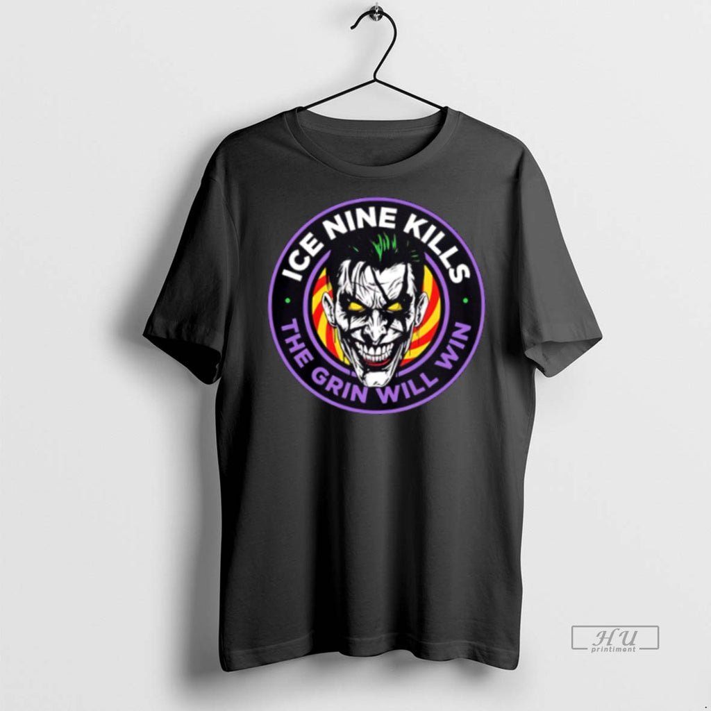 New The Laugh Track Joker Face Horror The Grin Will Win Big Logo Graphic Tee