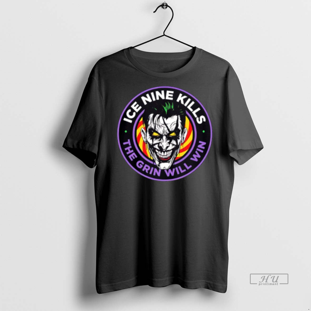 New The Laugh Track Joker Face Horror The Grin Will Win Big Logo Graphic Tee