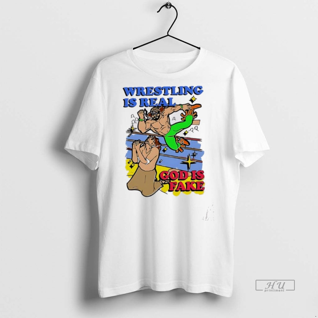 New Wrestling Is Real God Is Fake Caricature Cartoon Graphic Tee Shirt Sweater