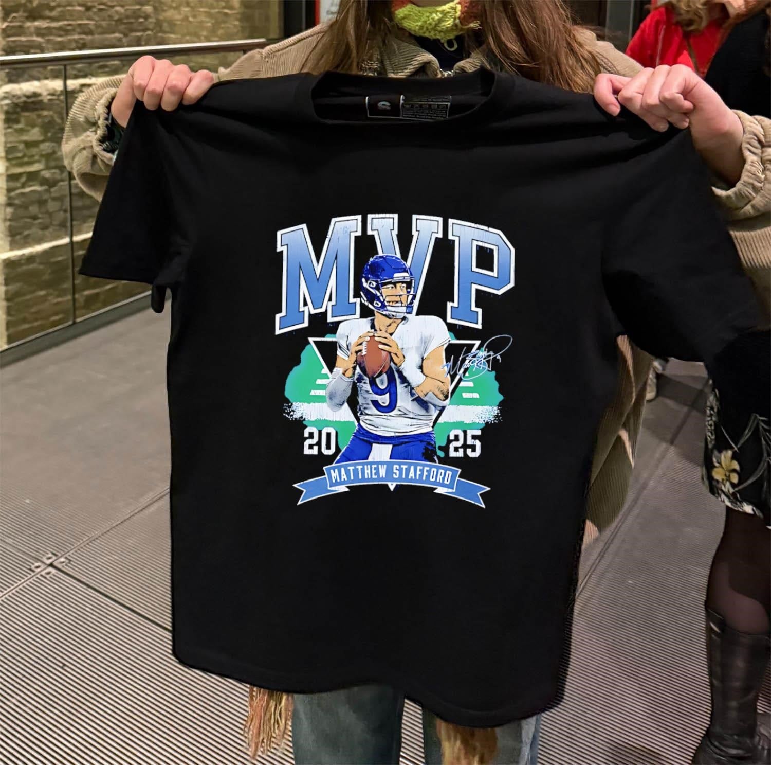 2025 MVP Matthew Stafford Quarterback Blue Jersey Action Football shirt
