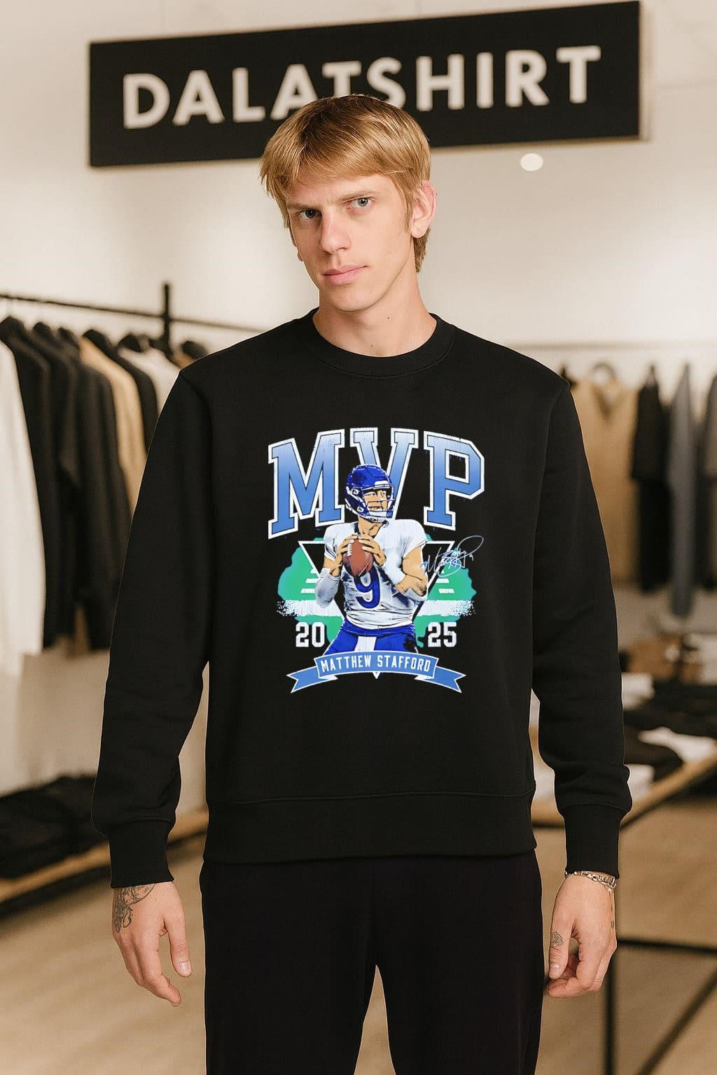 2025 MVP Matthew Stafford Quarterback Blue Jersey Action Football shirt