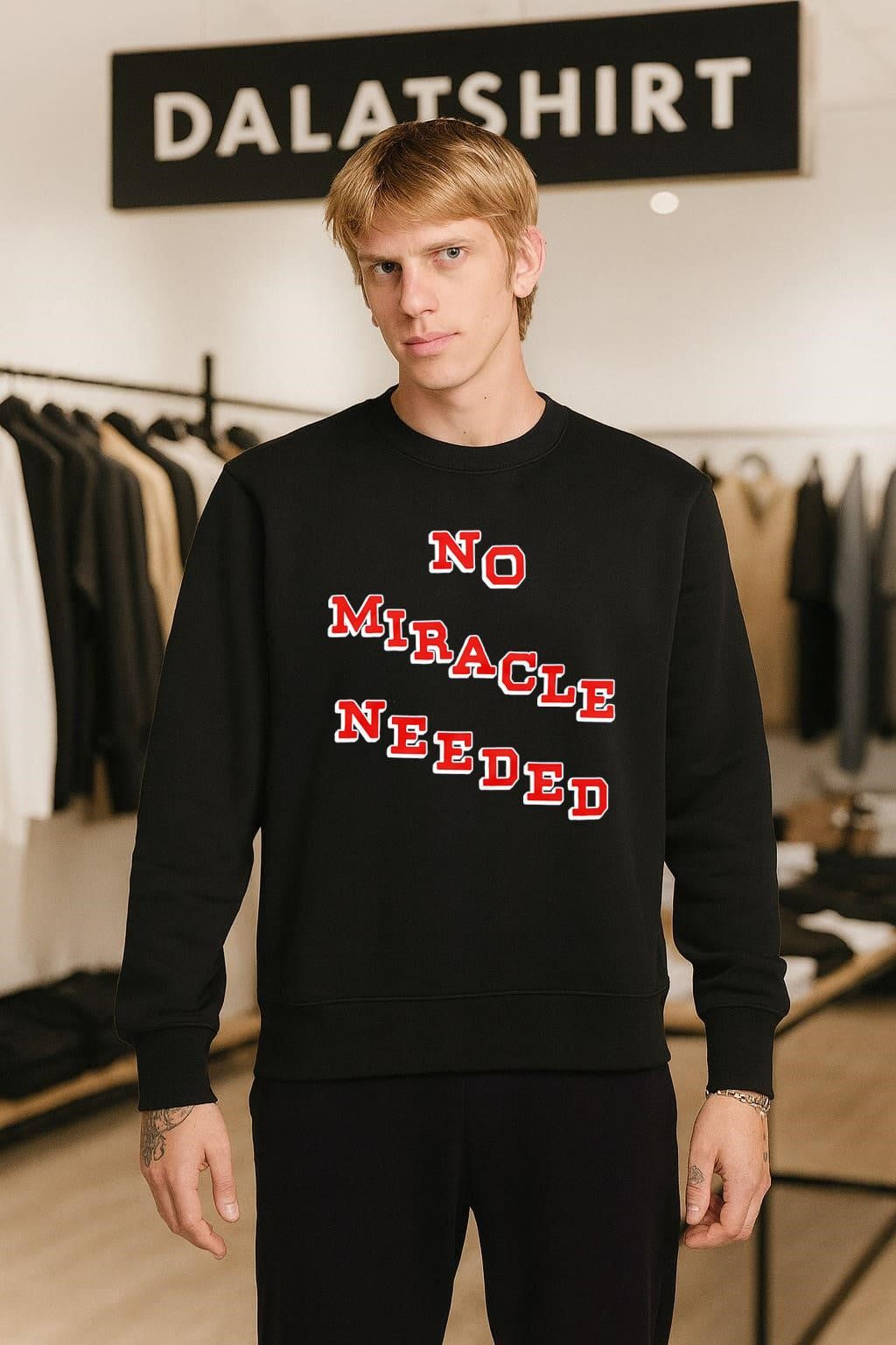 No Miracle Needed Bold Red Varsity Lettering shirt