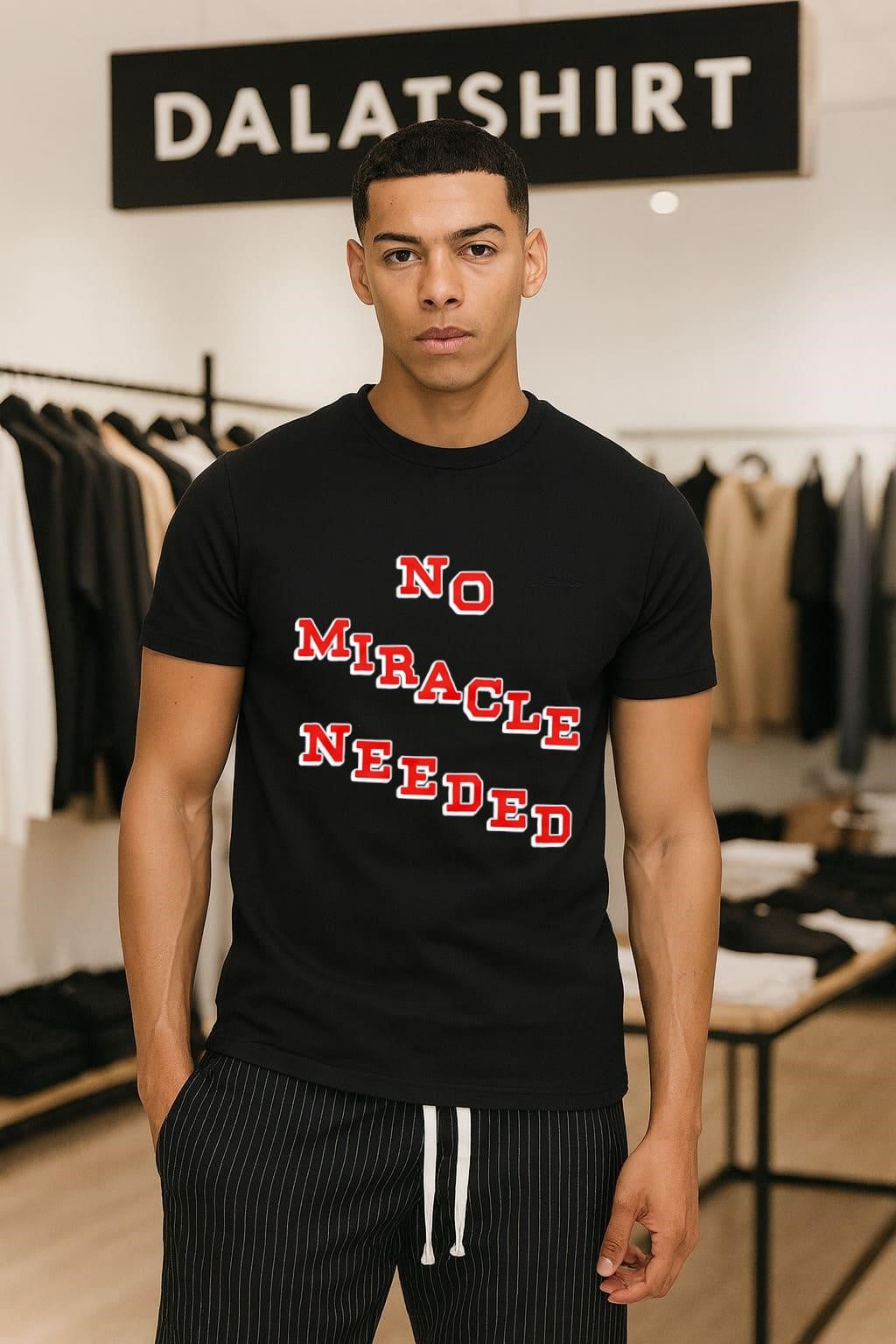 No Miracle Needed Bold Red Varsity Lettering shirt