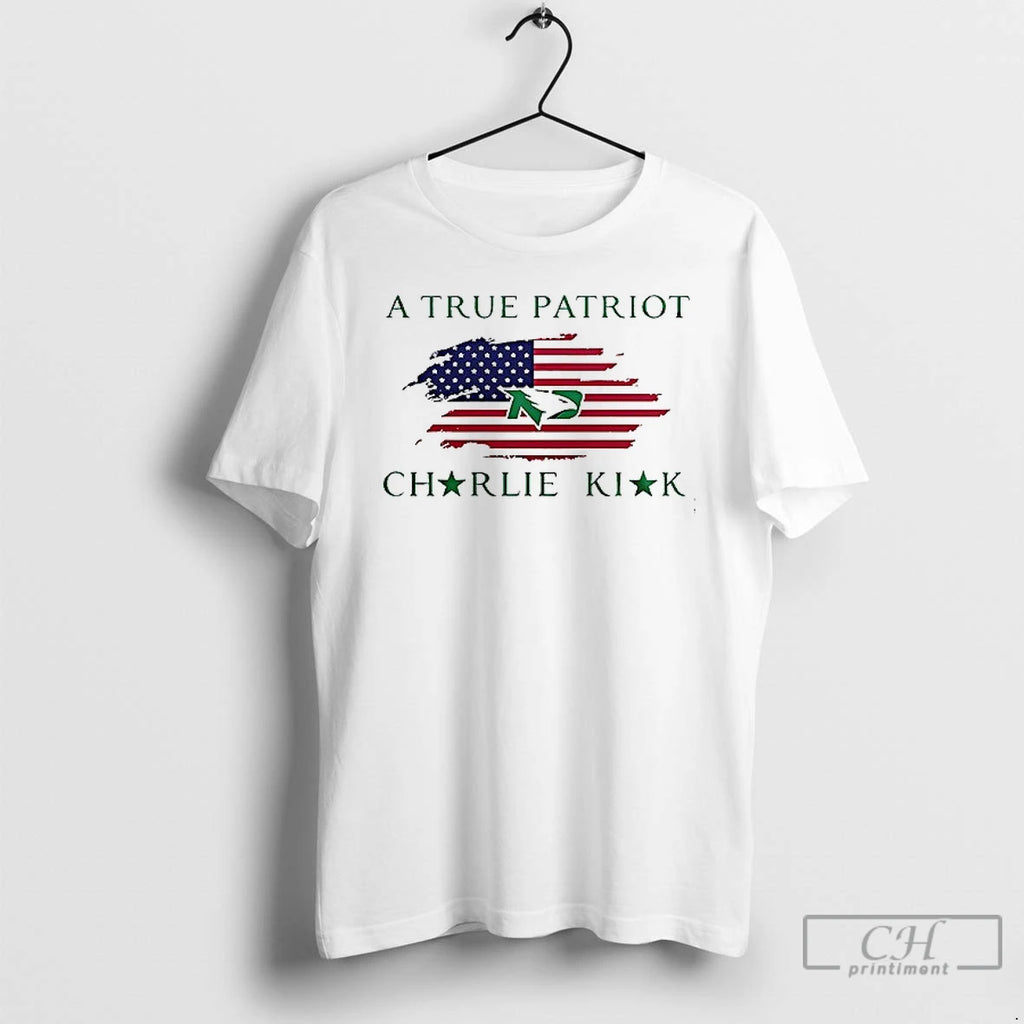 North Dakota Fighting Hawks X Charlie Kirk A True Patriot Usa Flag T Shirts
