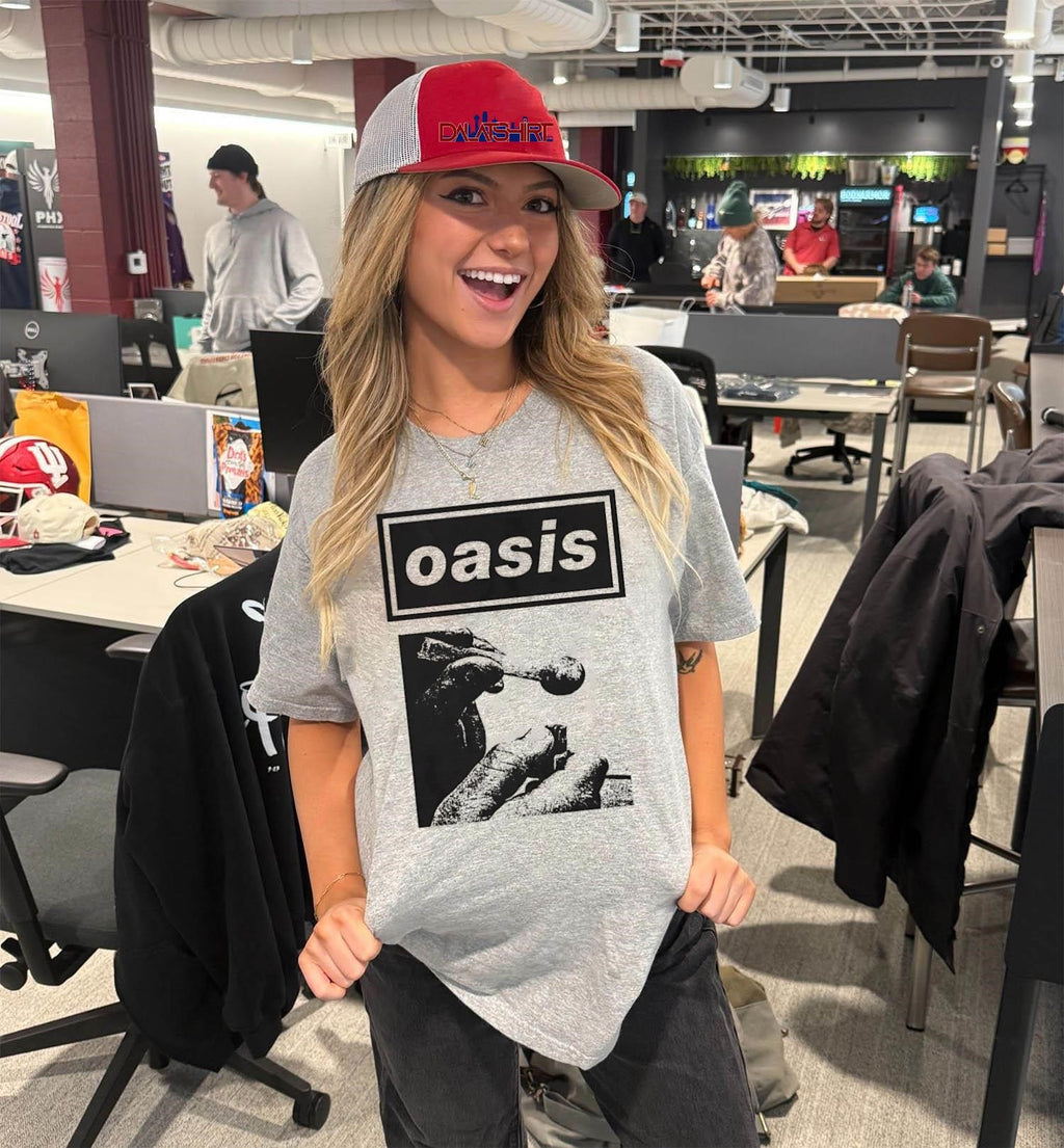 Oasis Band Logo Hand Holding Glass Smoking Pipe Graphic shirt