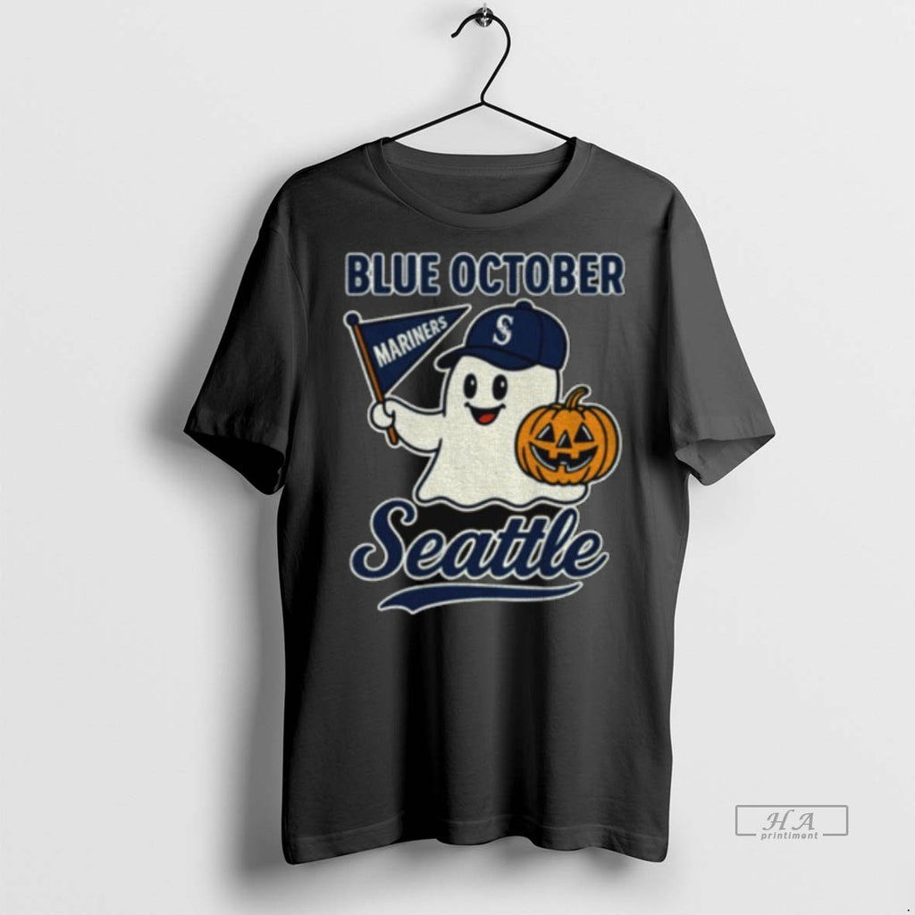 Official Trendy Blue October Seattle Mariners Halloween Ghost Tee Sweater