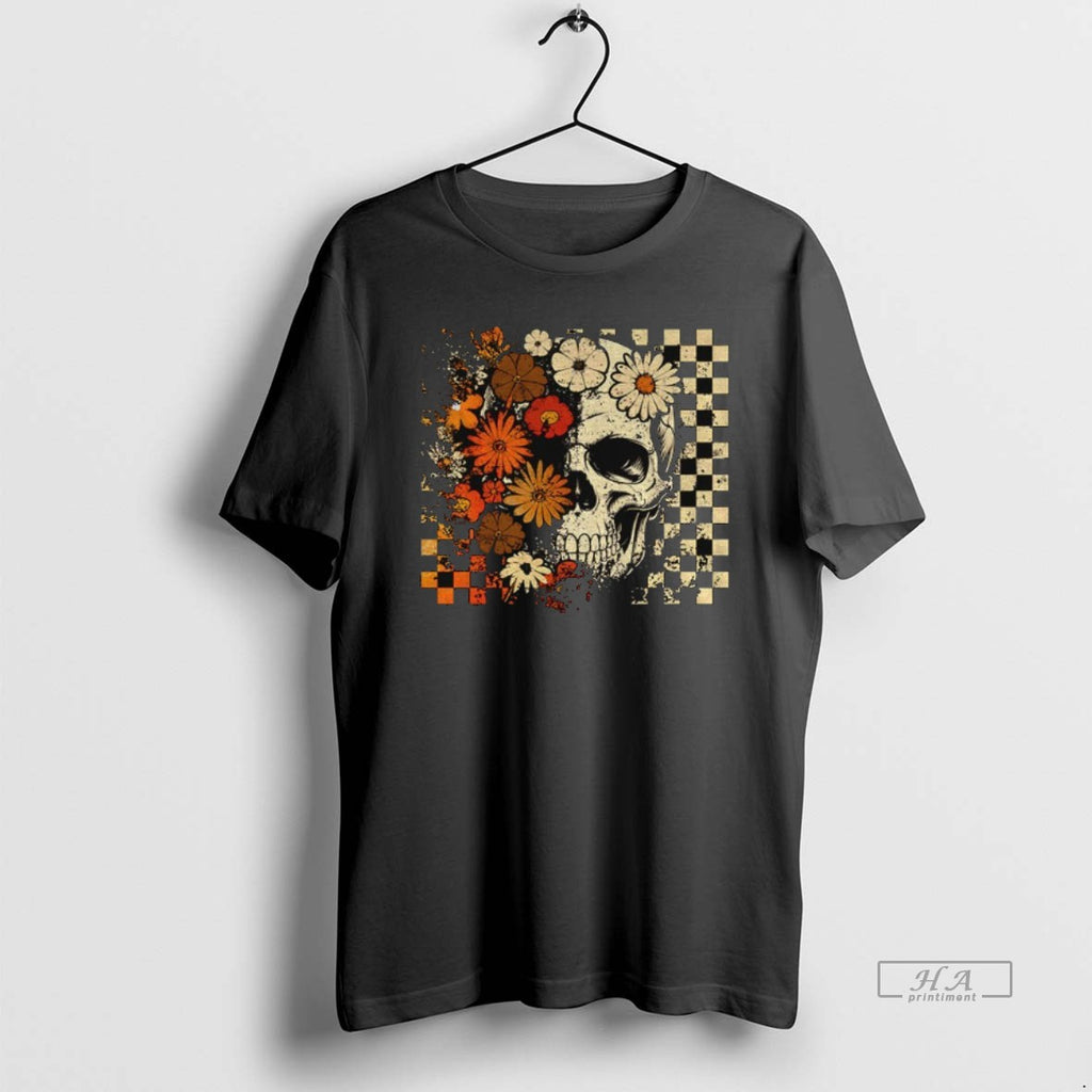 Official Trendy Funny Skull Checkered Skeleton Floral Spooky Season Halloween
