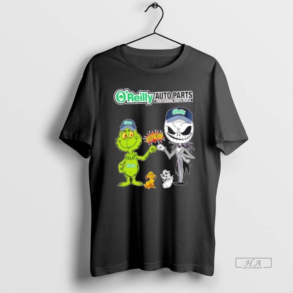 Official Trendy Oreilly Auto Parts X Grinch And Jack Skellington Fist Bump Uniwilling Friends Tee