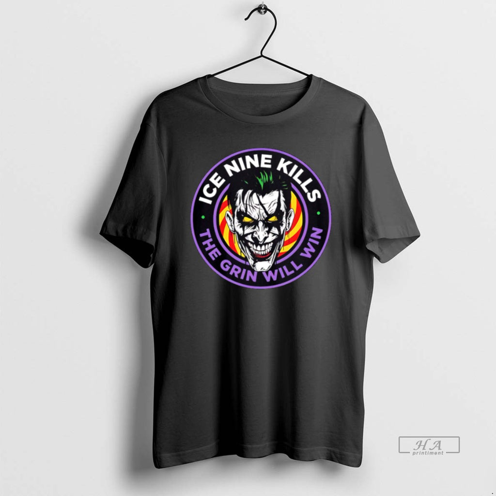 Official Trendy The Laugh Track Joker Face Horror The Grin Will Win Big Logo Tee
