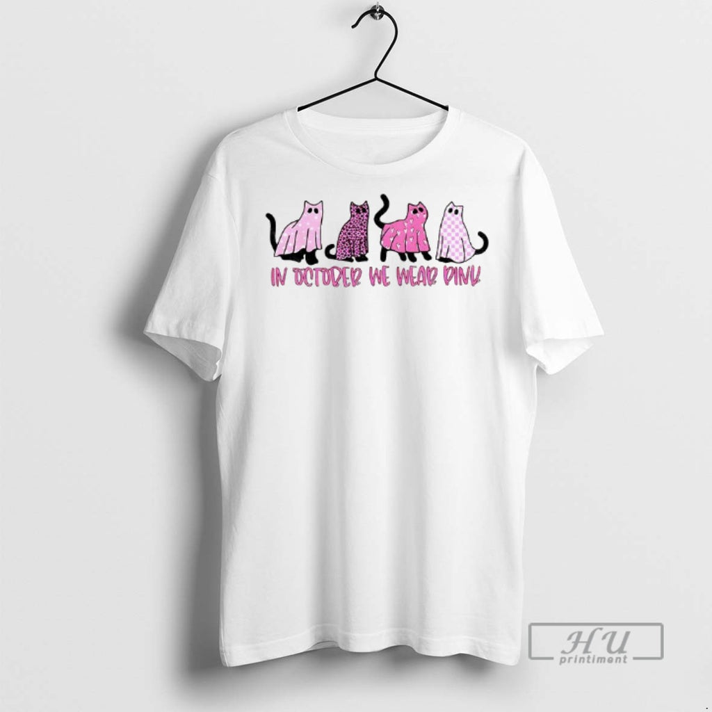 Officials Black Cat Ghost In October We Wear Pink Breast Cancer Awareness T Shirts