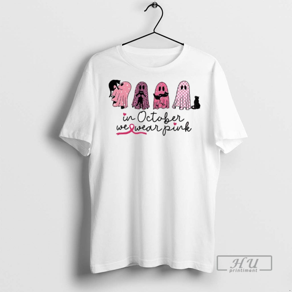 Officials Cute Ghost Black Cat In October We Wear Pink Spooky Halloween T Shirts