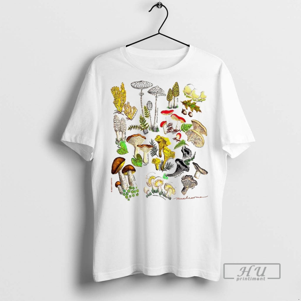 Officials Illustrated Prints Of Mushrooms Natural T Shirt