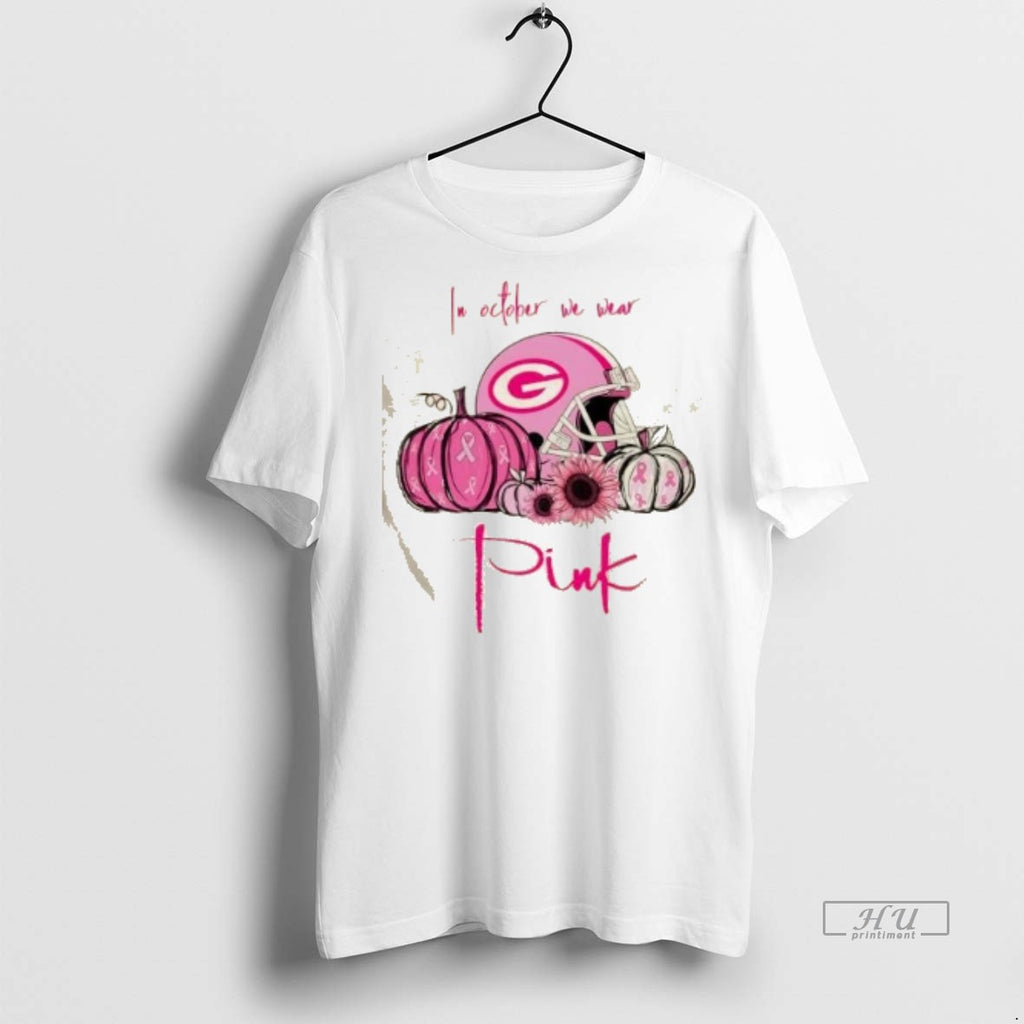 Officials In October We Wear Pink Green Bay Packers Football Helmet Tee Shirt Sweater