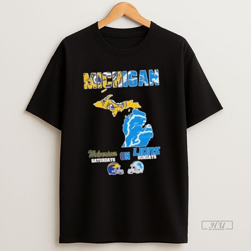 Officials Michigan Sports Map Michigan Wolverines Saturdays On Detroit Lions Sundays T Shirt