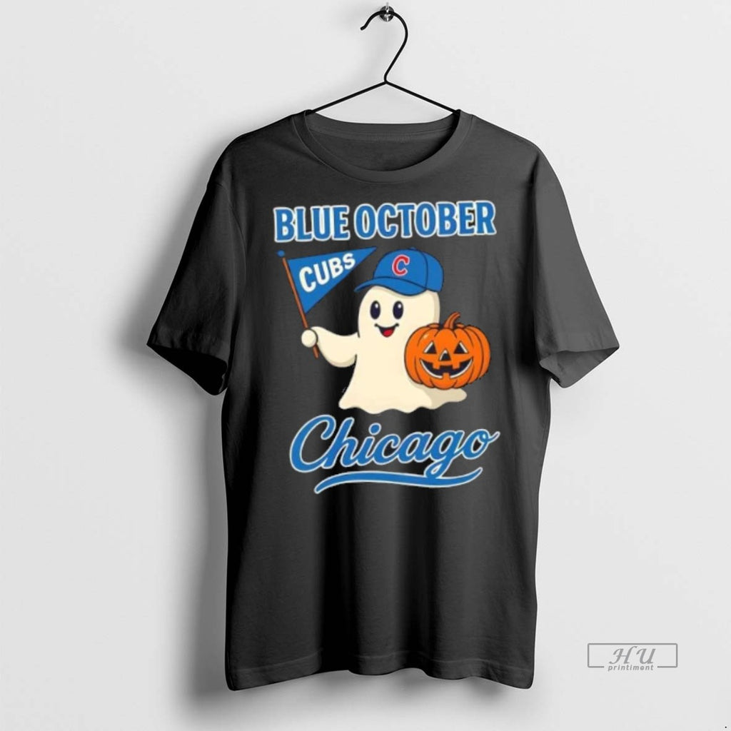 Officials Trending Chicago Cubs Blue October Ghost Pumpkin Halloween Tee Shirt Sweater