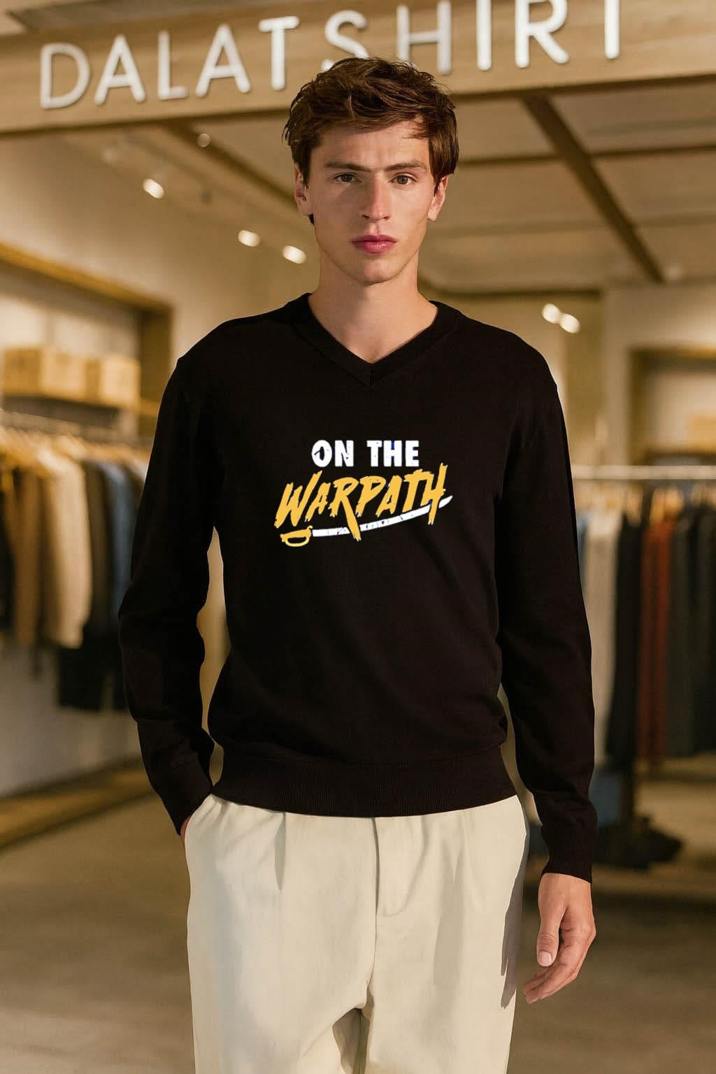 On The Warpath Yellow Script Text With Saber shirt