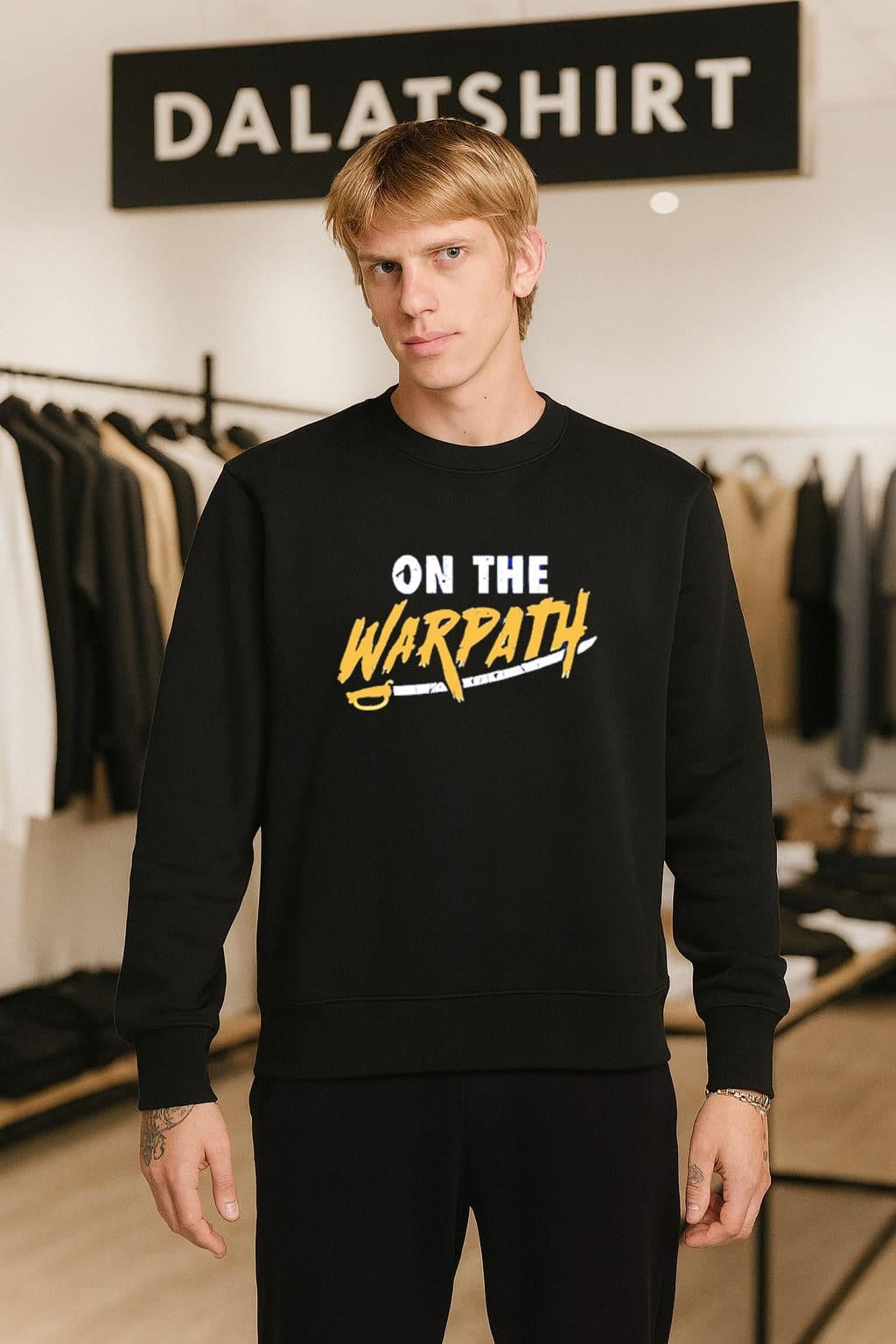 On The Warpath Yellow Script Text With Saber shirt