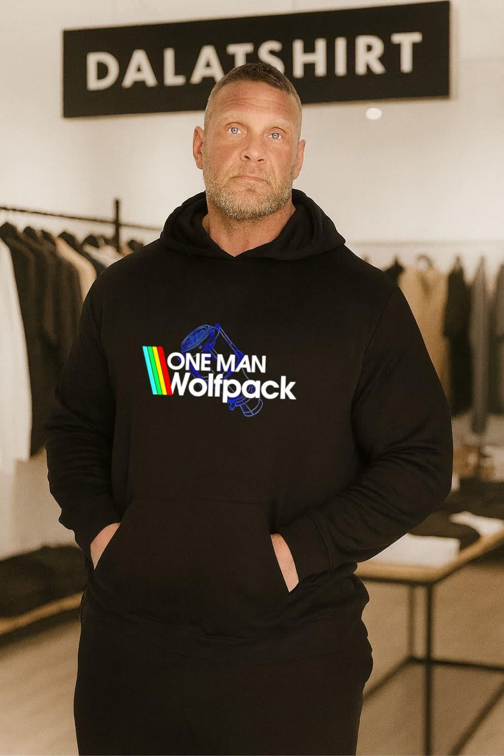 One Man Wolfpack retro rainbow stripes graphic design shirt