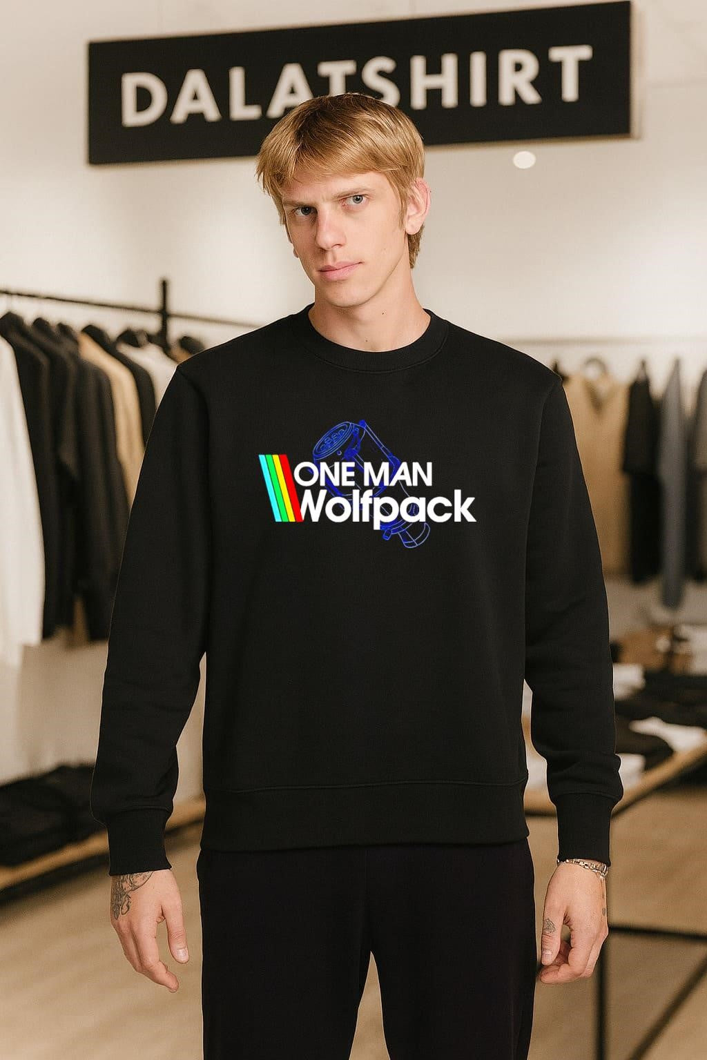 One Man Wolfpack retro rainbow stripes graphic design shirt