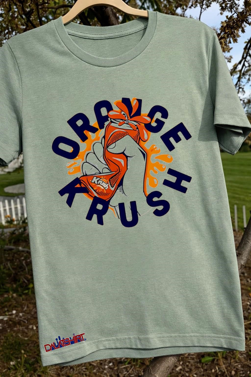 Orange Krush Hand Crushing Soda Can Splatter Graphic shirt