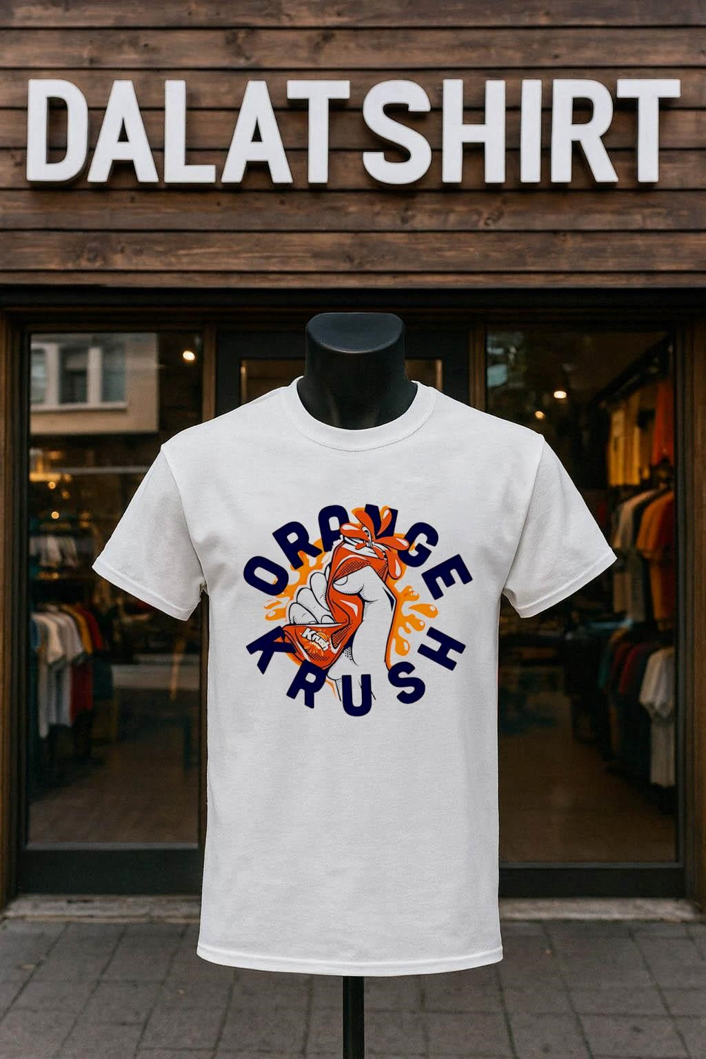 Orange Krush Hand Crushing Soda Can Splatter Graphic shirt