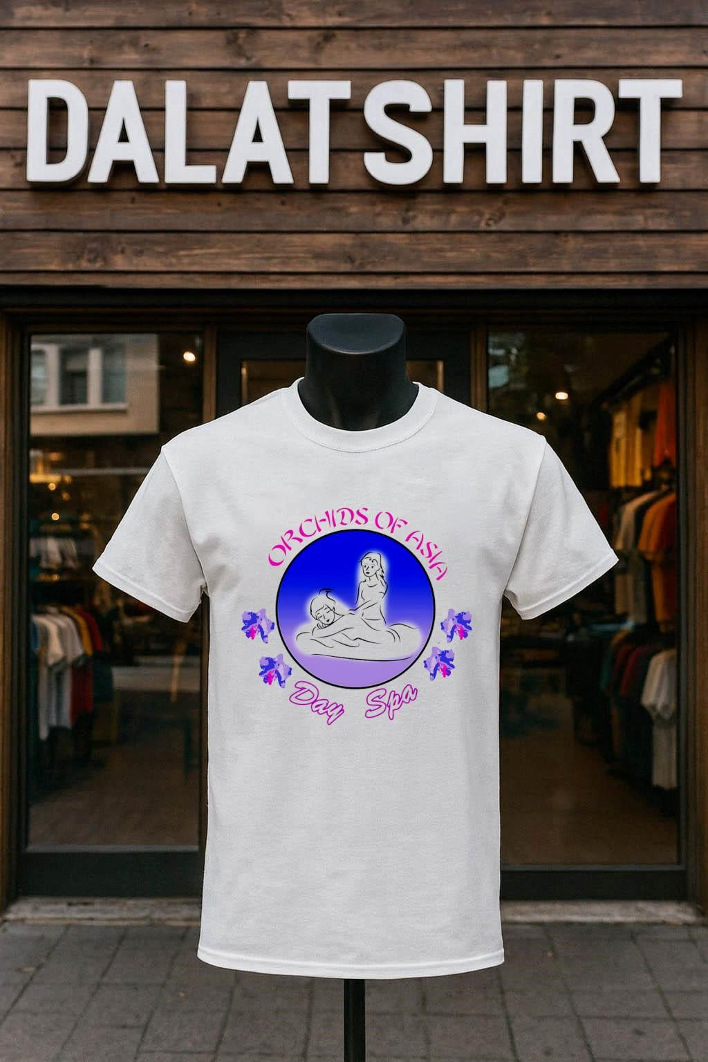 Orchids Of Asia Day Spa Logo Pink And Blue Design shirt