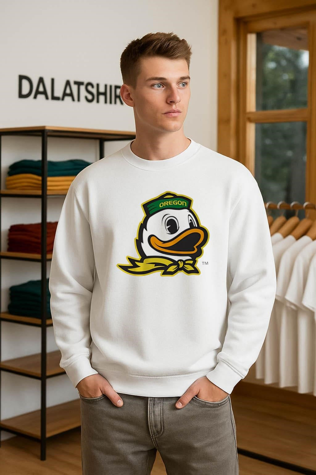 Oregon Duck Mascot Head with Green Hat shirt
