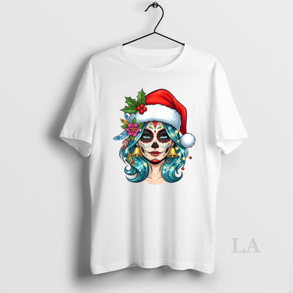 Original Christmas Sugar Skull Art Woman Santa Hat Festive