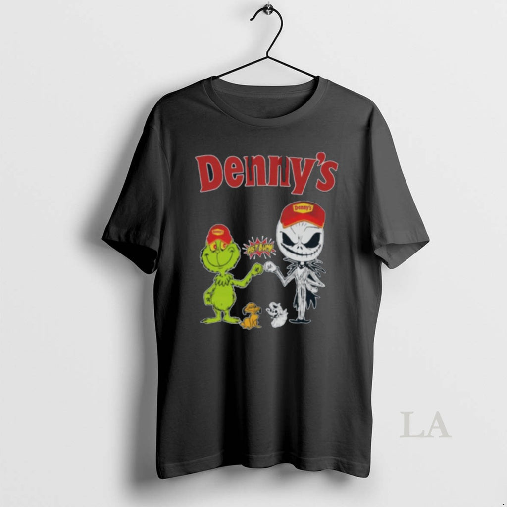 Original Dennys Merch Grinch And Jack Skellington Fist Bump Dennys Halloween Hoodie0