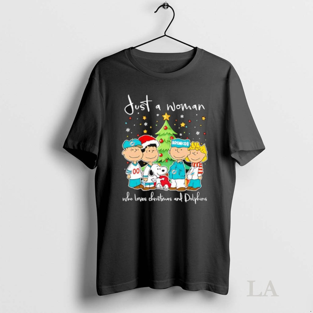 Original Just A Woman Who Loves Christmas And Miami Dolphins X Peanuts Characters