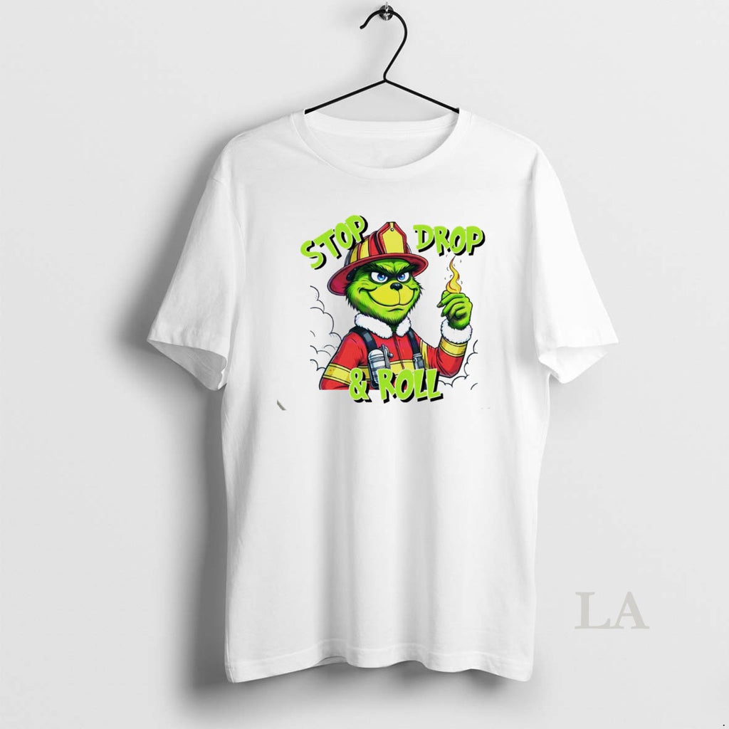 Original Stop Drop And Roll Grinch Christmas Fireman White