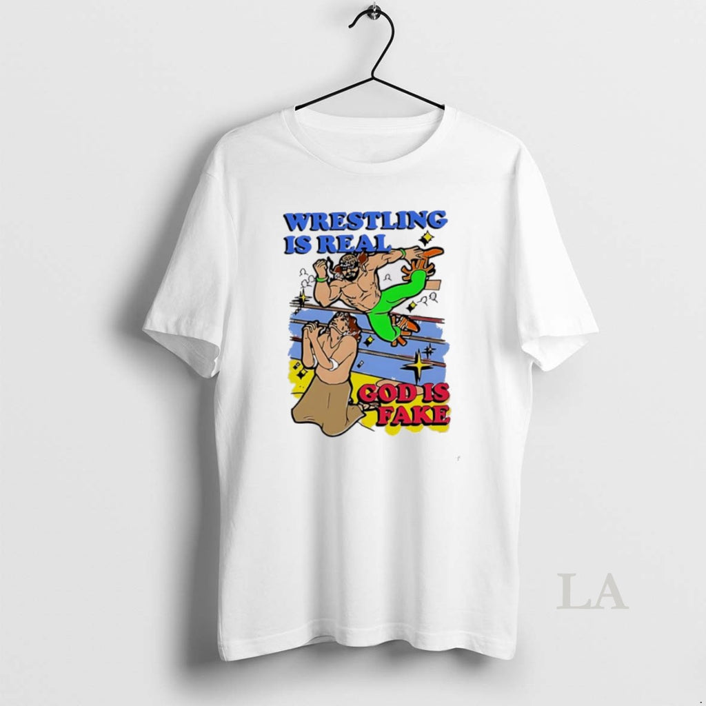 Original Wrestling Is Real God Is Fake Caricature Cartoon