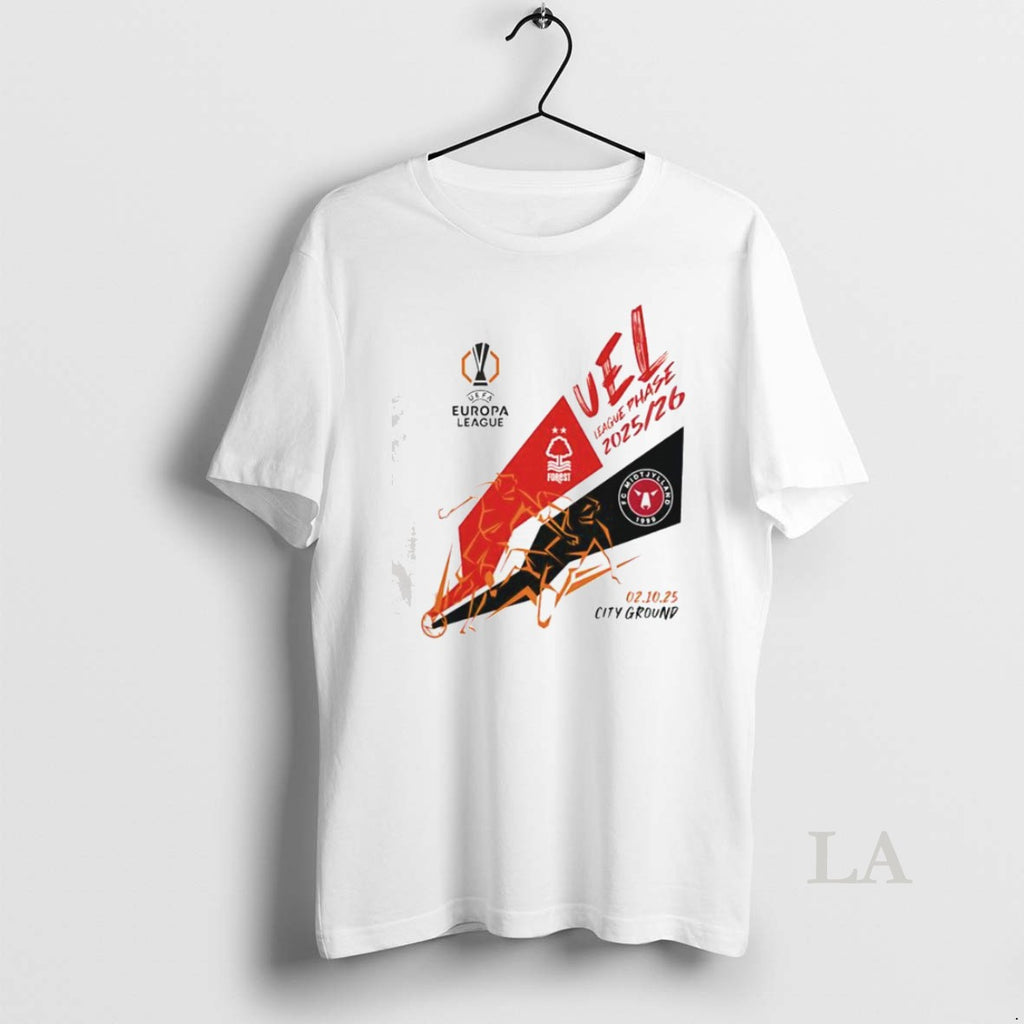 Original Uel League Phase 2025 2026 Nottingham Forest Vs Fc Midtjylland Logo T Shirt Estlxv