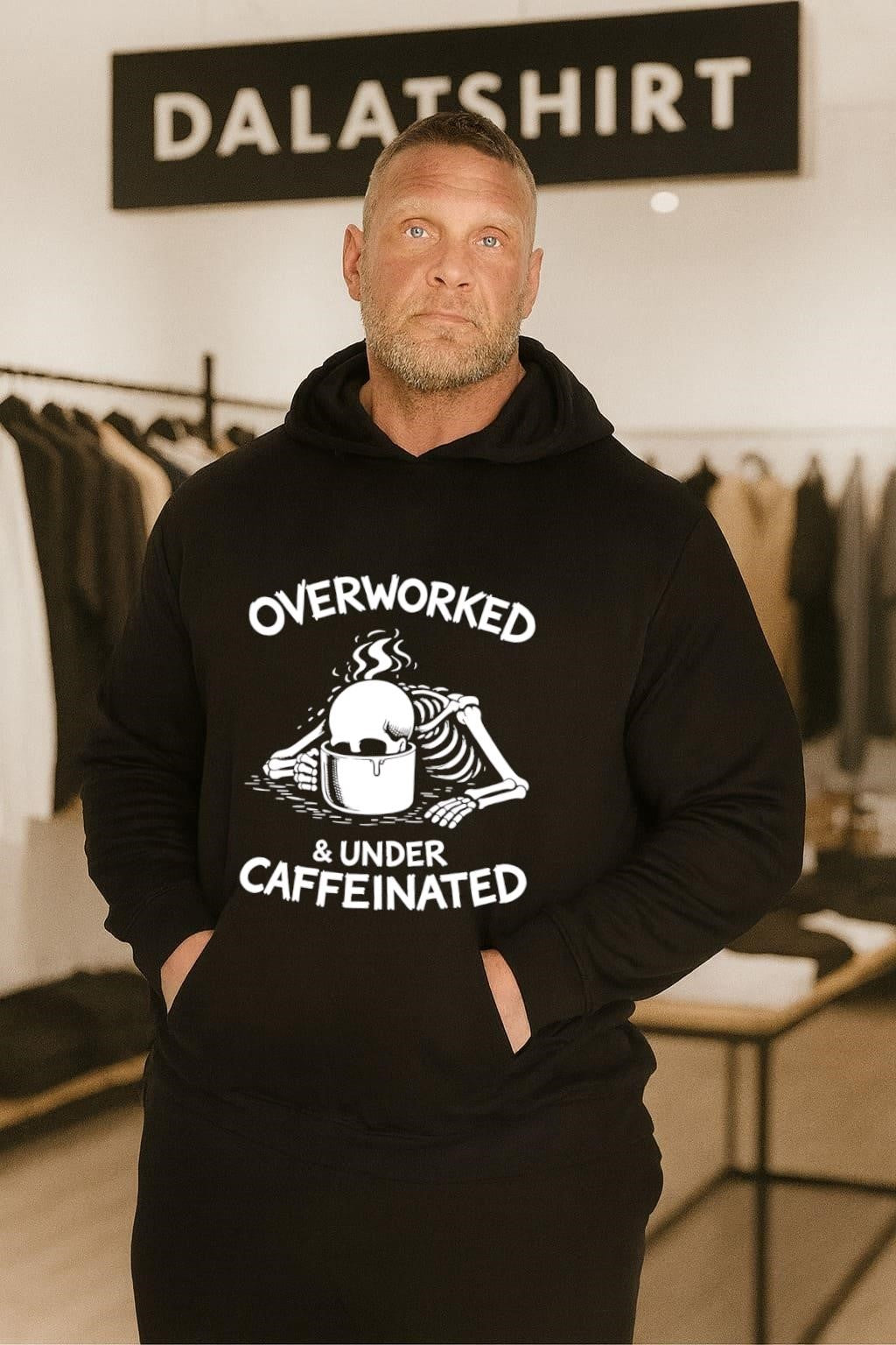 Overworked & Under Caffeinated Skeleton Drinking Coffee Graphic shirt