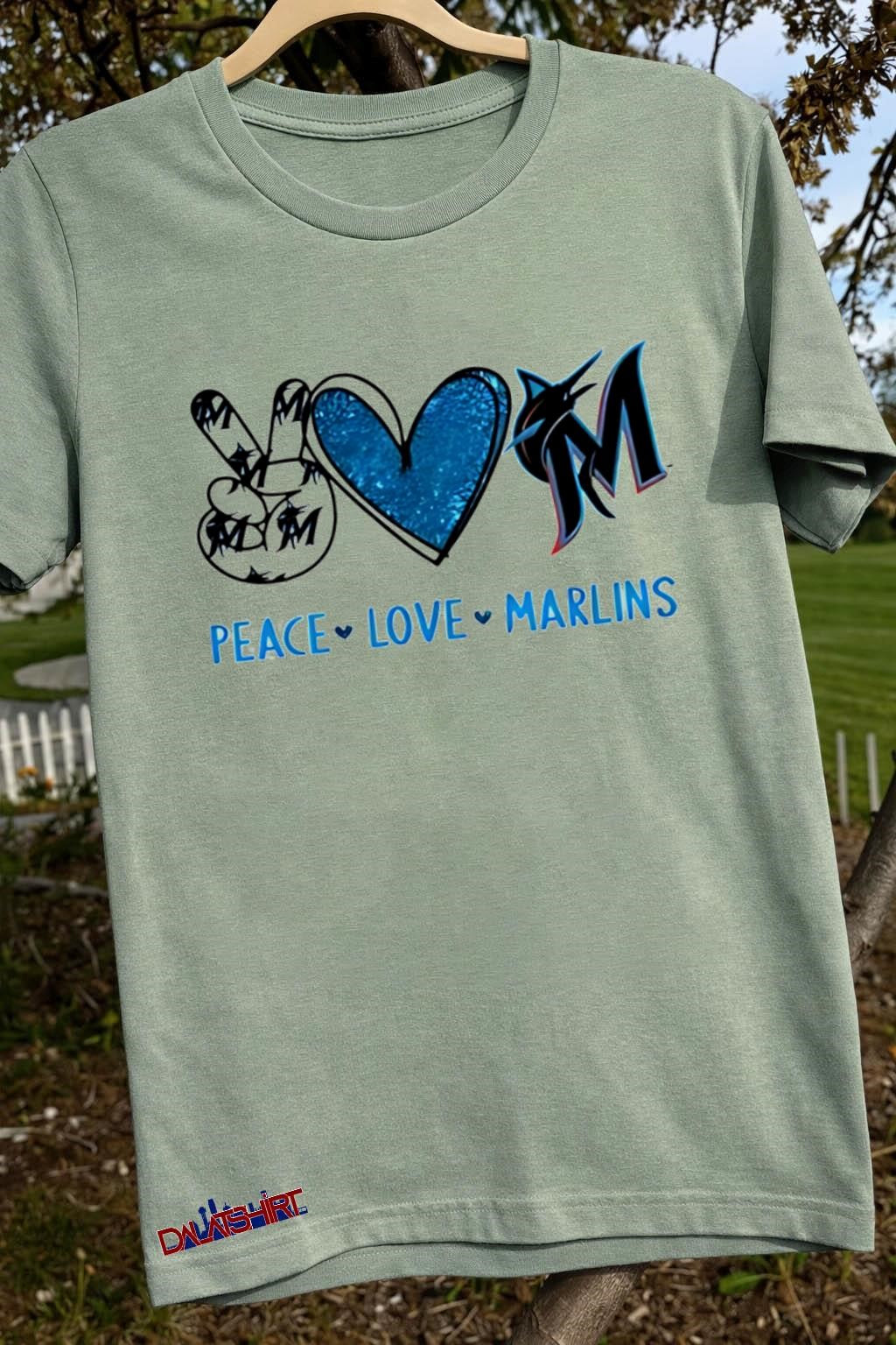 Peace Love Marlins Miami Blue Heart Fish logo shirt
