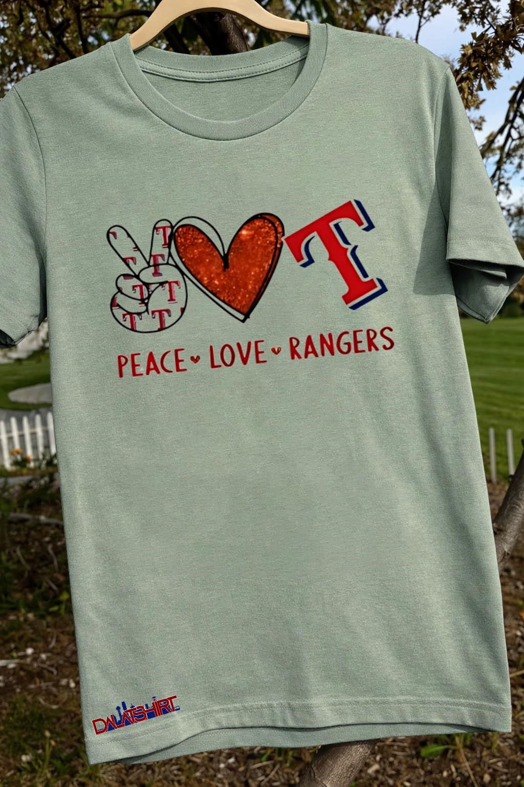 Peace Love Rangers Texas Baseball Hand Heart Graphics shirt
