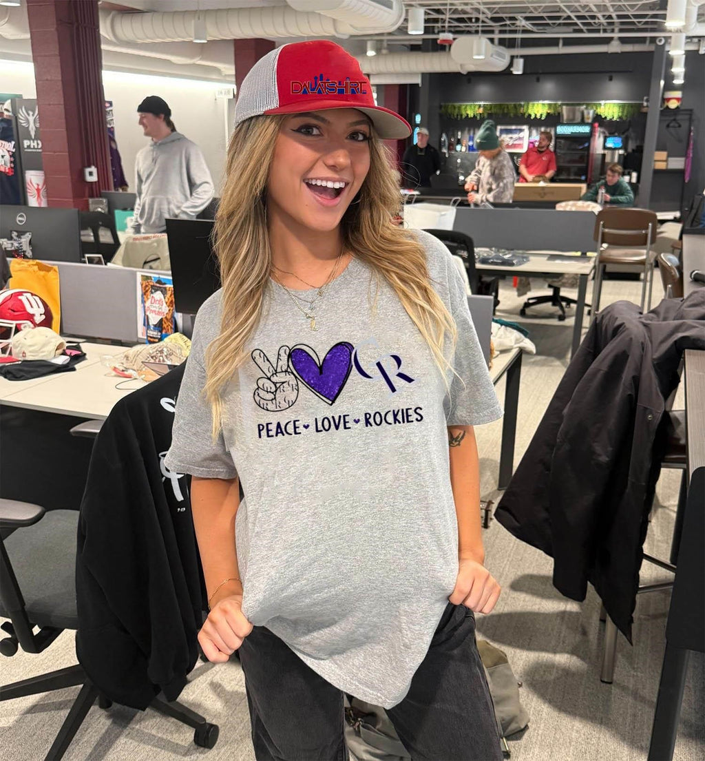 Peace Love Rockies Colorado Purple Heart Baseball shirt