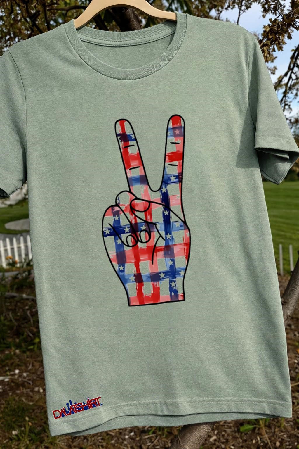 Peace sign hand with American flag stars and stripes shirt