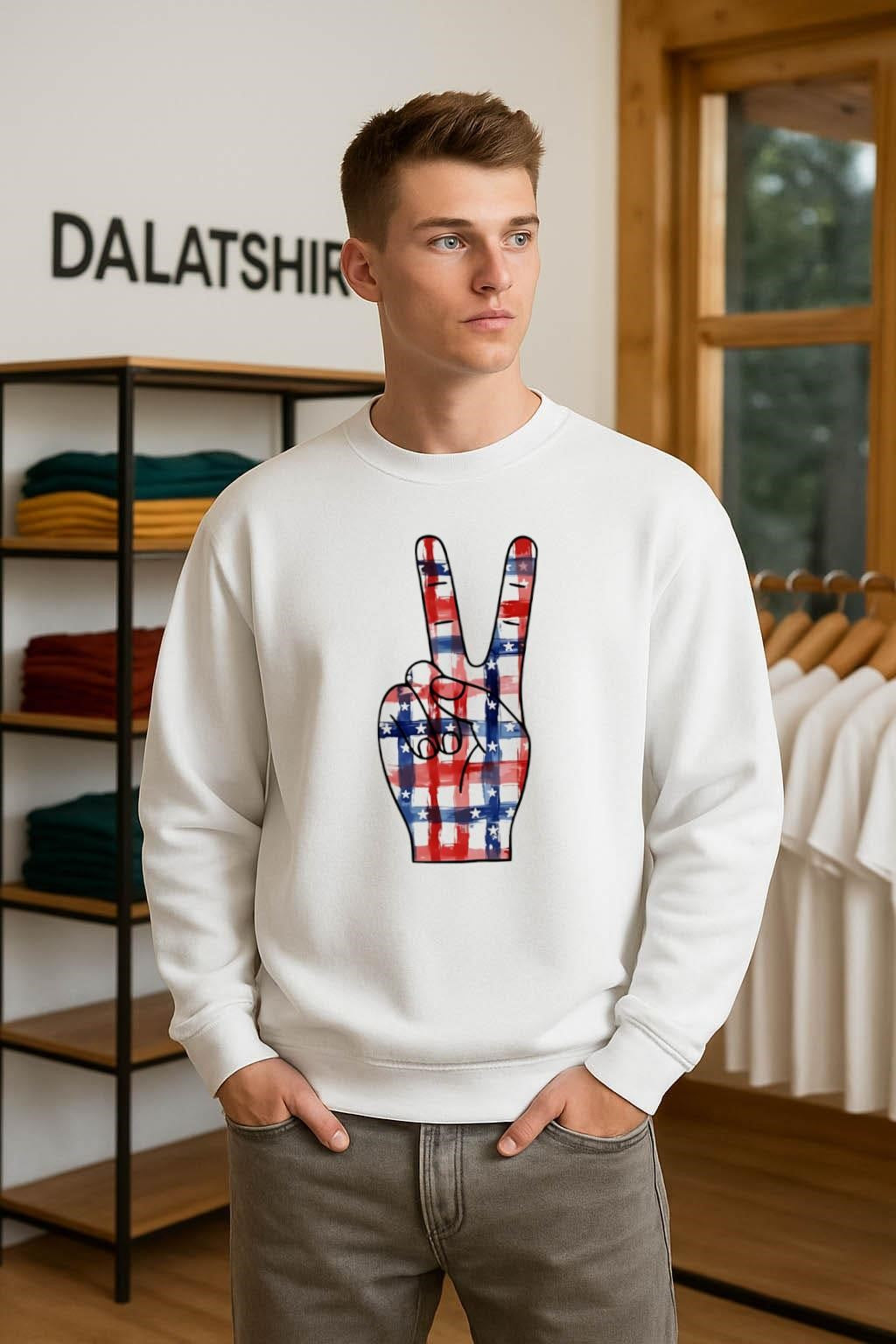 Peace sign hand with American flag stars and stripes shirt