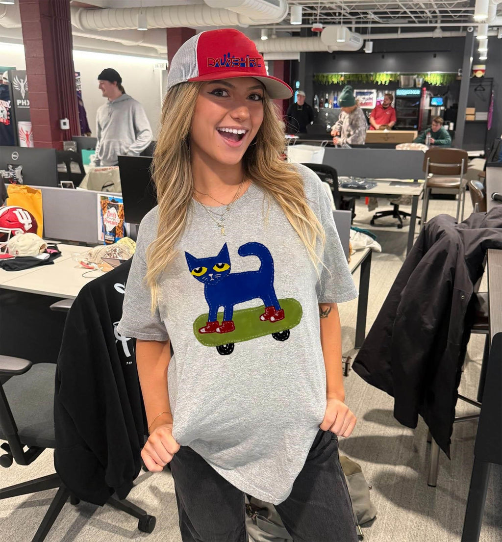Pete the Cat on Skateboard wearing Red Shoes shirt