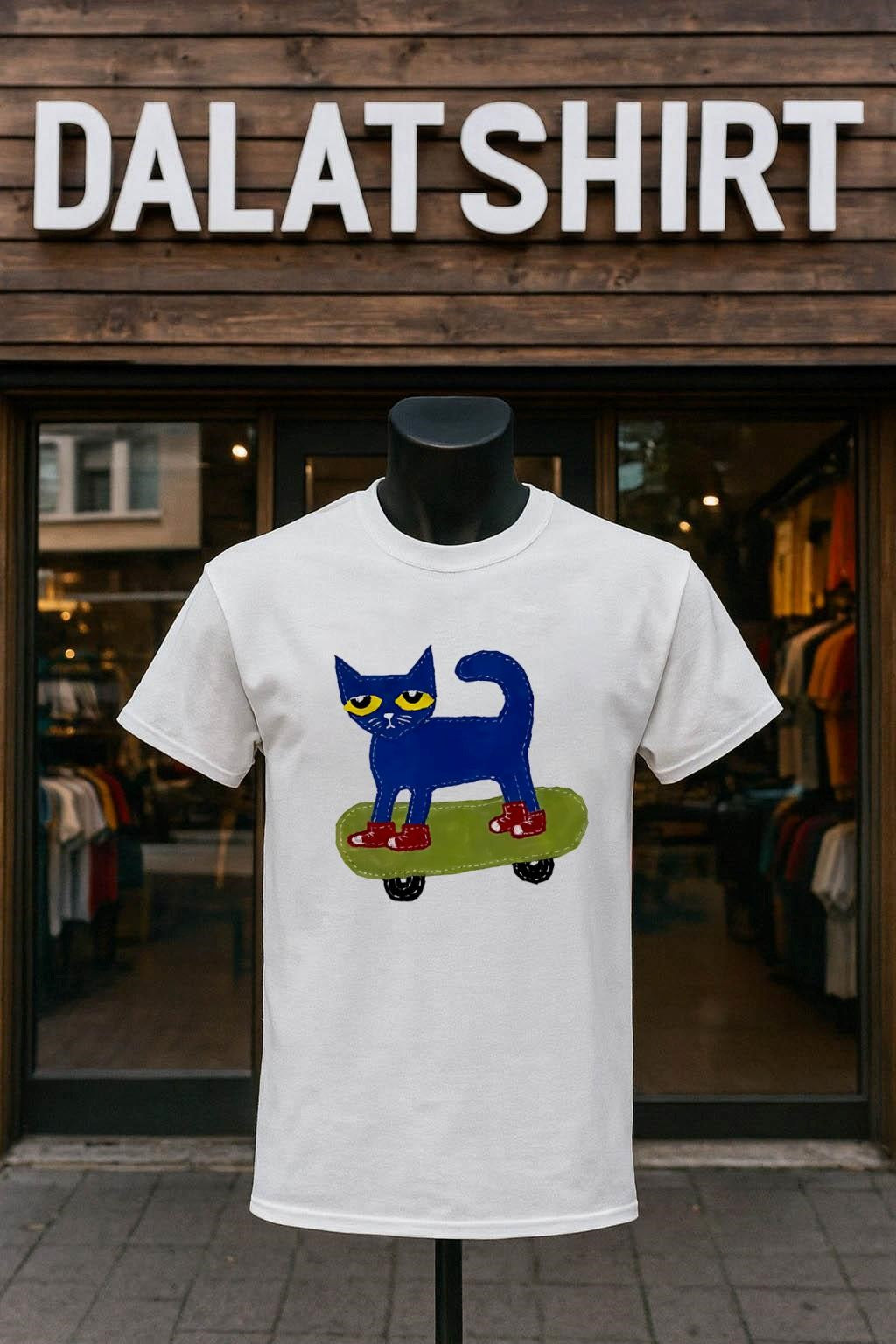 Pete the Cat on Skateboard wearing Red Shoes shirt