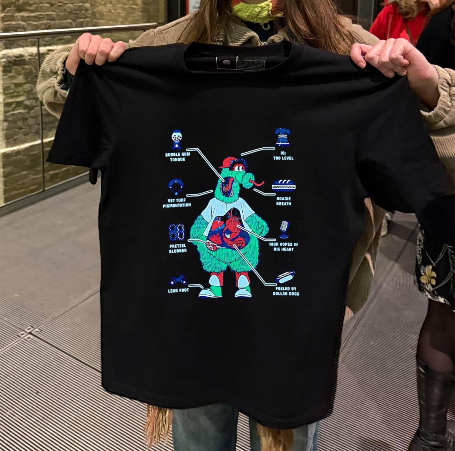 Phillie Phanatic Anatomy Bubble gum tongue Hoagie breath shirt