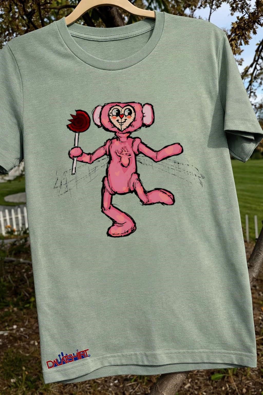 Pink heart face character holding a bitten red lollipop shirt