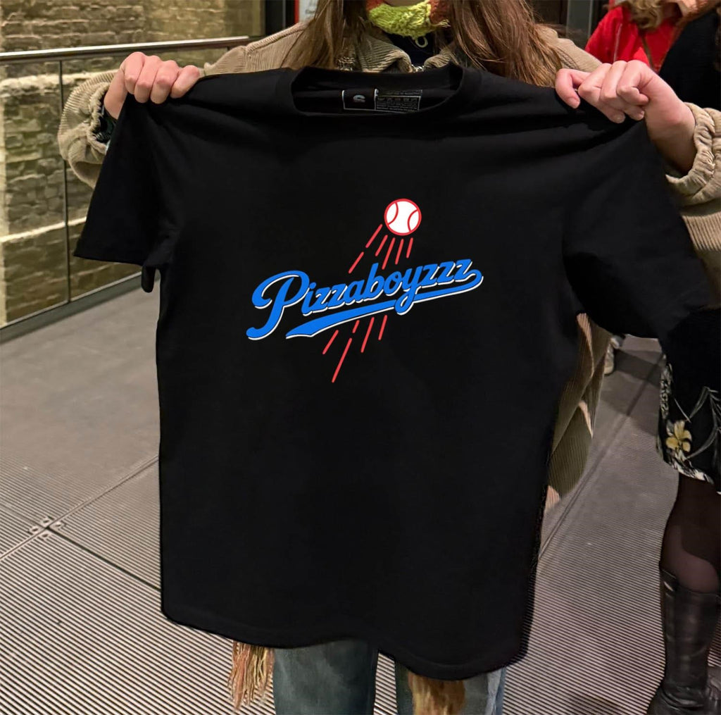 Pizza Boyzzz Blue Script Baseball Logo shirt